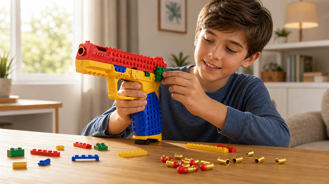 Boy at a table customizing his SnapBuild blaster with green bricks, with red-tipped soft bullets and gold shell casings in front of him