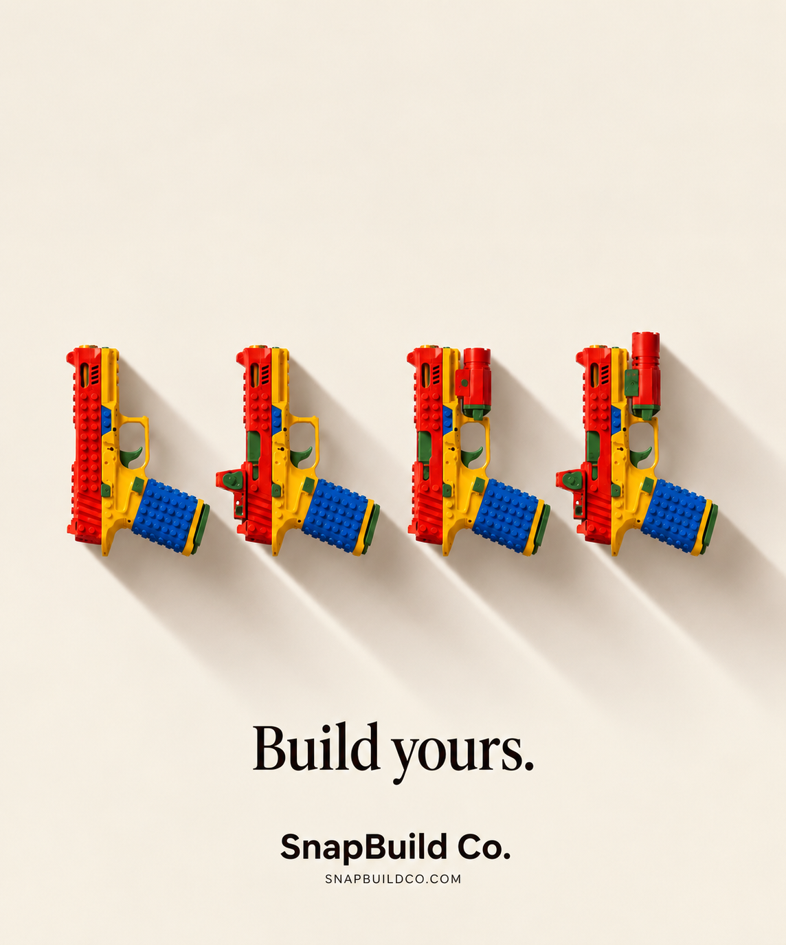 Four SnapBuild blasters in red, yellow and blue, each customized with different add-on bricks, with the words Build yours.