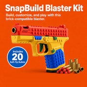 SnapBuild Blaster Kit with red-tipped soft bullets and gold shell casings on an orange background