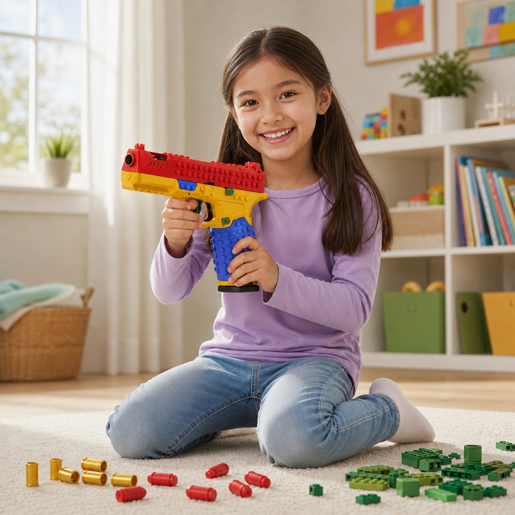 Smiling girl sitting on a rug holding her SnapBuild blaster, with red-tipped soft bullets, gold shell casings and green bricks in front of her