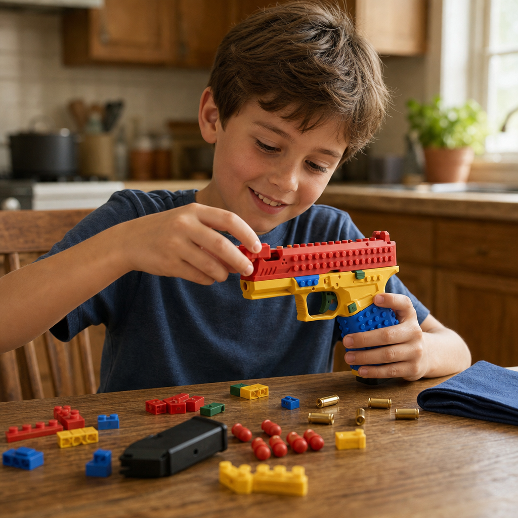 Boy at a kitchen table snapping bricks onto his SnapBuild blaster, with red-tipped soft bullets, gold shell casings and a magazine on the table
